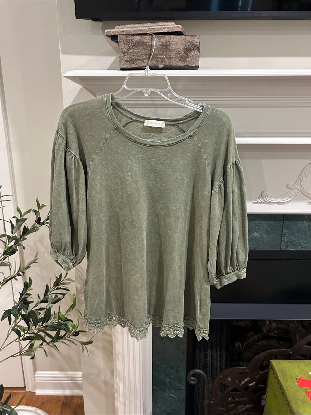 Altar'd State Olive Green Lace-Hem Puff Sleeve Top